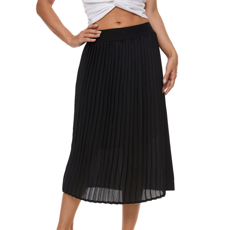TEERFU Womens Pleated Midi Skirt,High Waist Swing Summer Pleated Skirt Casual Chiffon Elastic A-line Long Skirts Black Large - Image 3